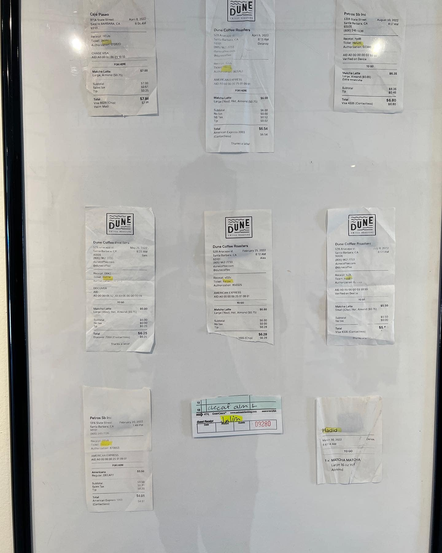 Call Me Felipe triptych - archival receipts with misspelled names