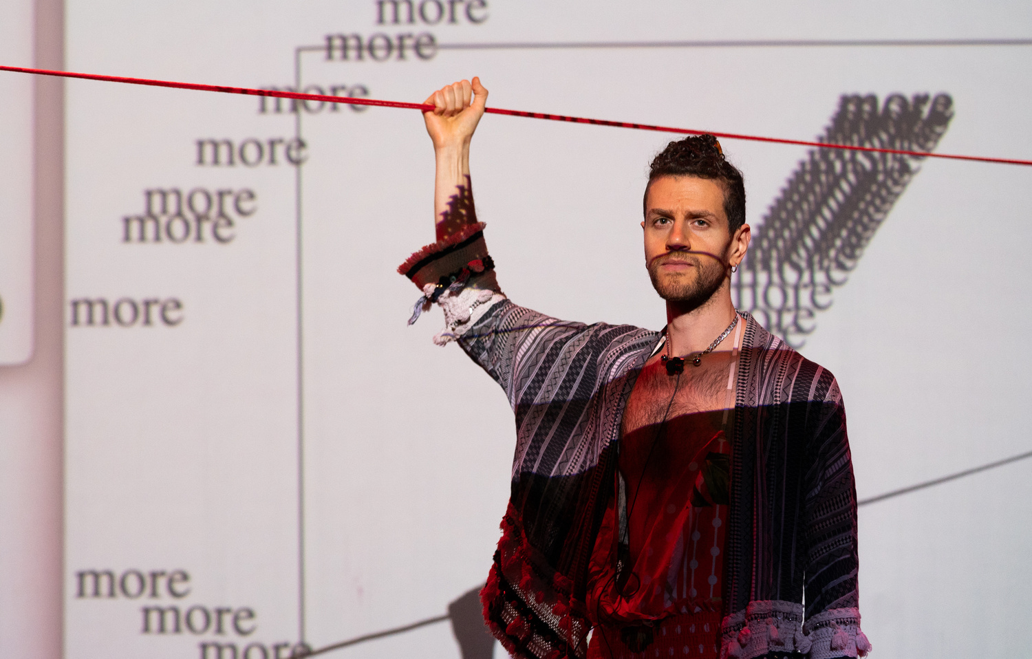 Close-up of performer during the Arabic zajal refrain sequence