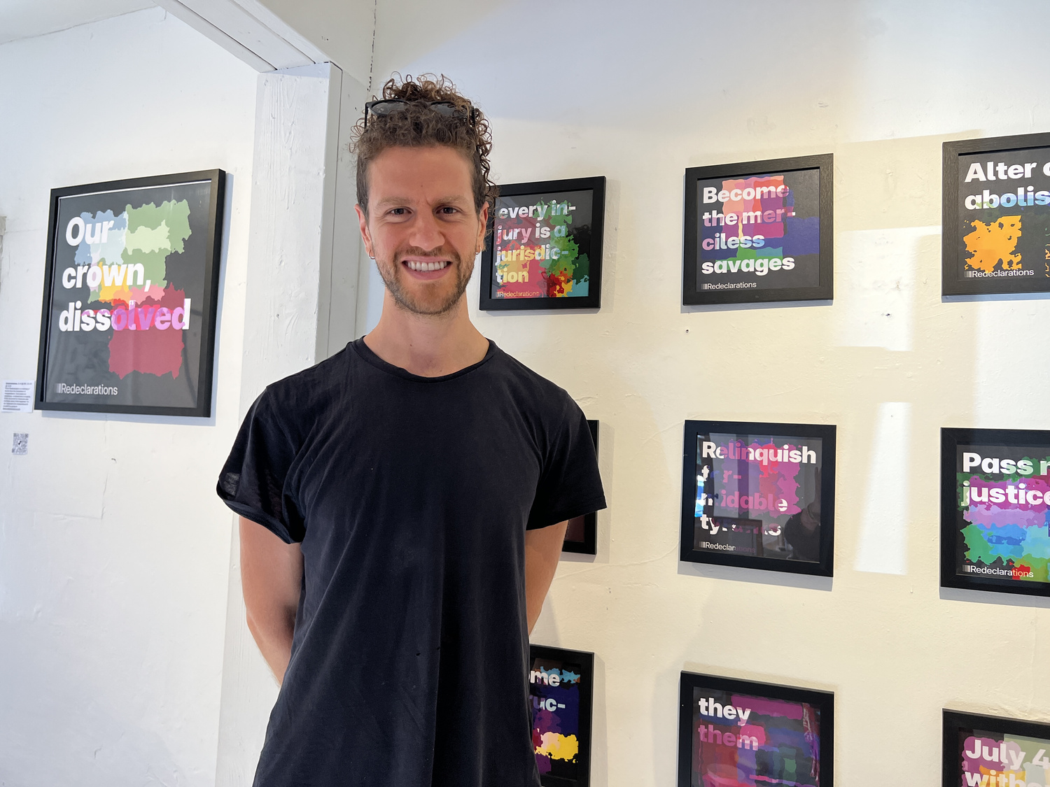 Close-up of a remixed declaration piece with erasure poetry