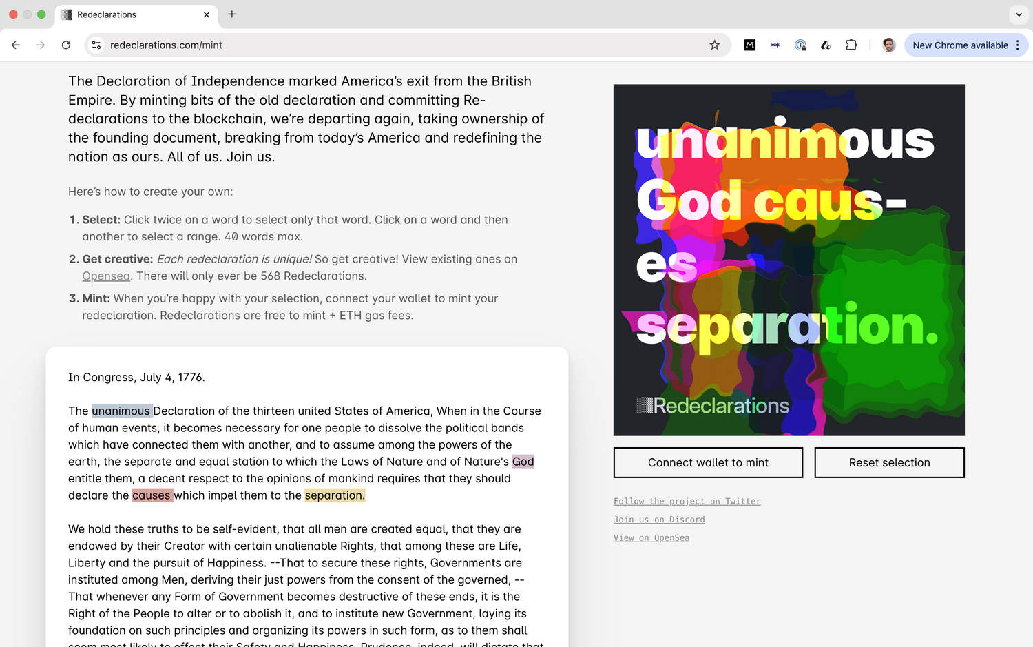 Digital interface for minting new declarations as NFTs