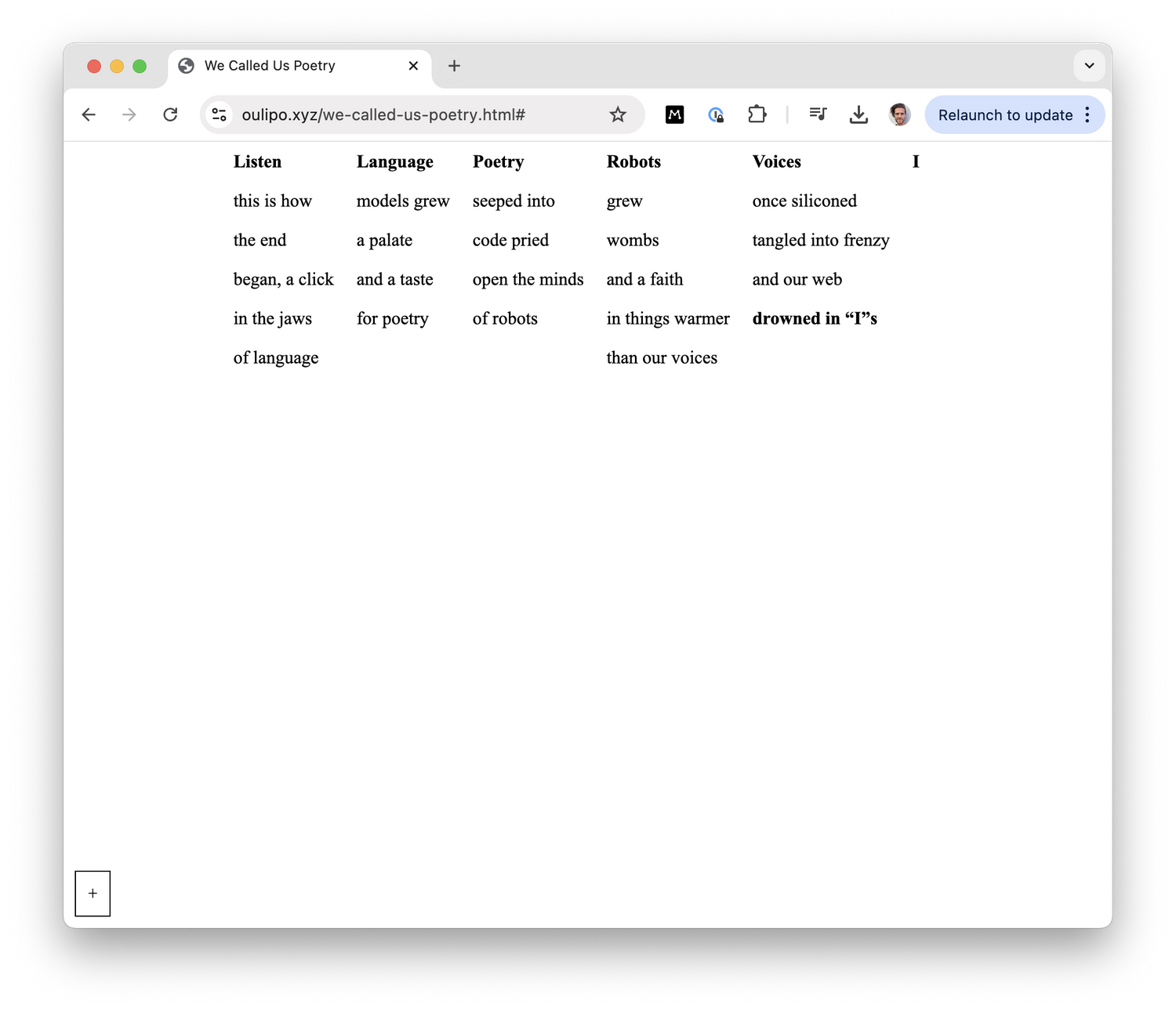 Screenshot of the interactive computational poem interface