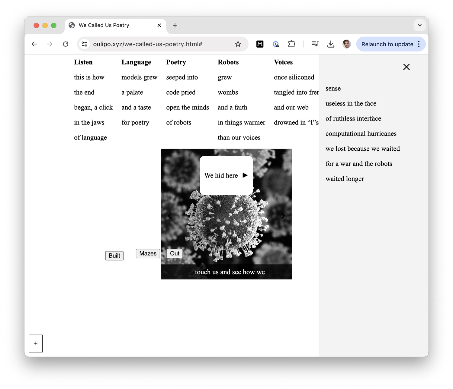 We Called Us Poetry web interface showing accumulated text from performances