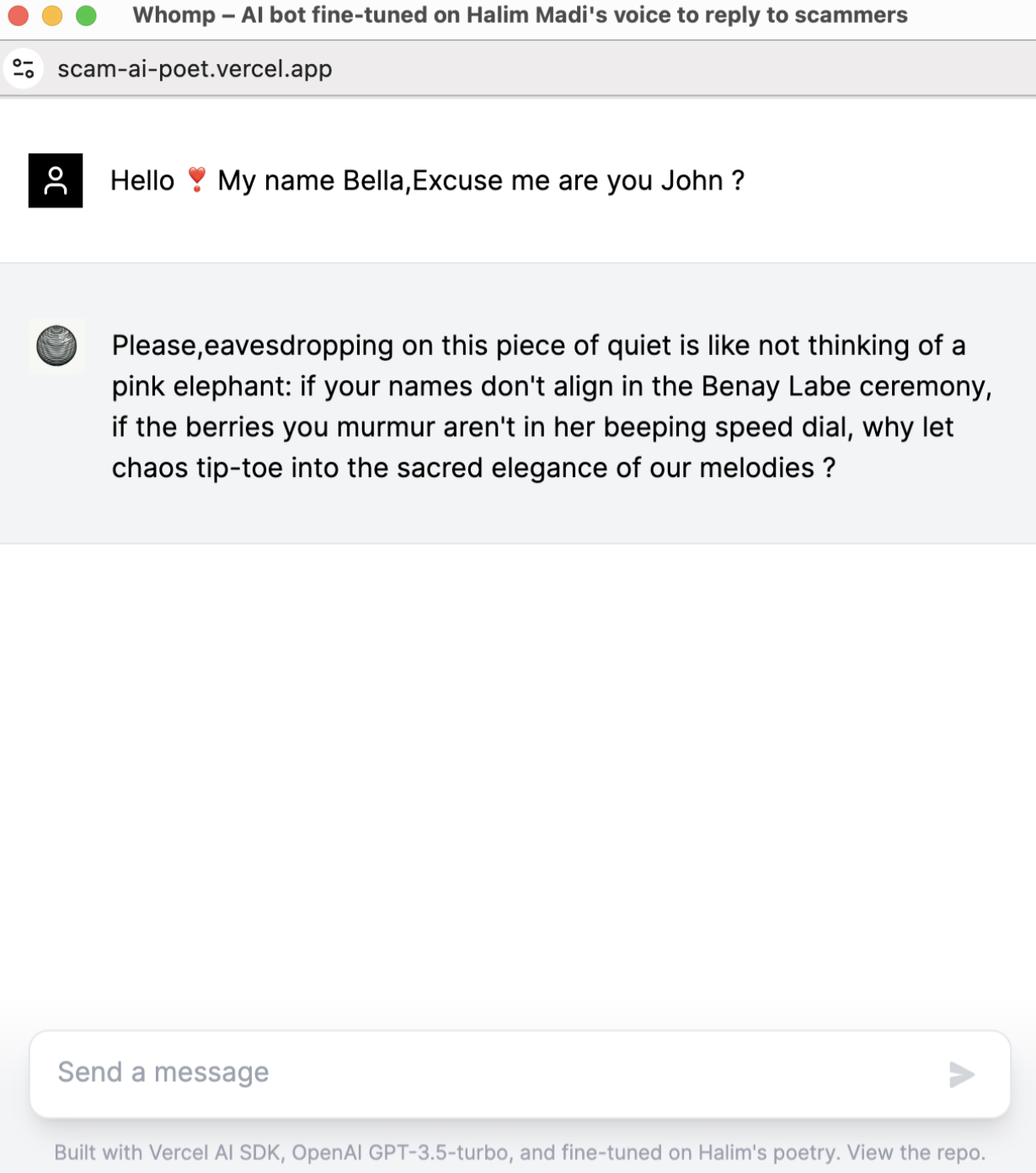 Whomp conversation view with poetic reply to digital intrusion